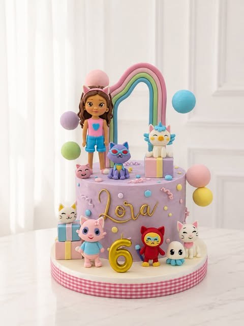 Kue Lora dengan pelangi pastel, figur karakter, dan angka 6
